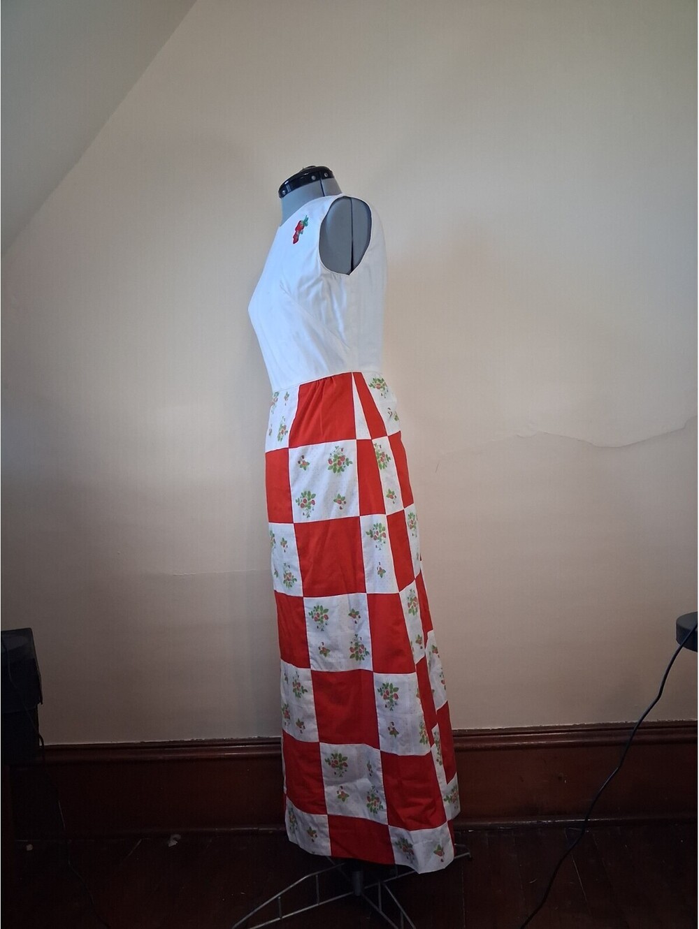 1970s Vintage Dress, Strawberry Checkered Sun Dress, Maxi Patchwork Dress Sz S - Picture 5 of 9